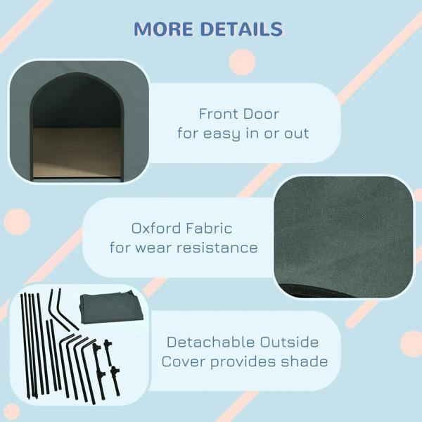 Grey dog house with arched front door, oxford fabric texture panel, and detachable cover callouts.