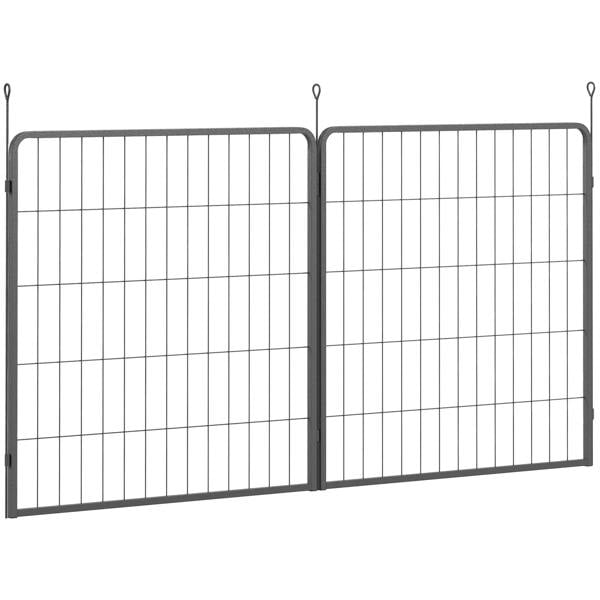 Black metal dog pen expansion panels with vertical bars and top loops