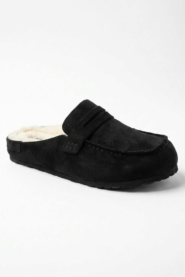 Nuala Faux Suede Fur Lined Mules - Black