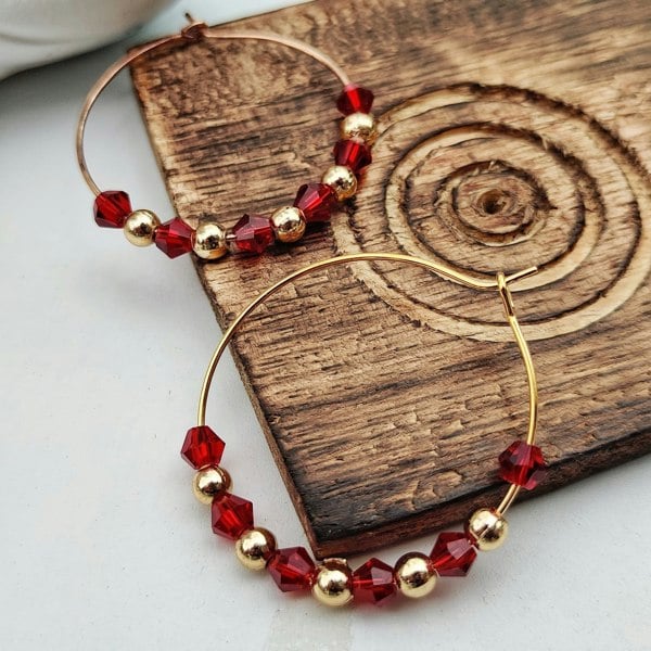 The Colourful Aura Gold Red Beaded 30mm Huggie Multicolour Dainty Boho Summer Hoop Bali Earring