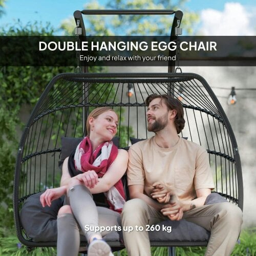 Bobobiy Rattan Double Hanging Egg Chair with Stand, Foldable Wicker Swing Egg Chair with Cushion, Steel Frame, Capacity 260 kg, Dark Grey