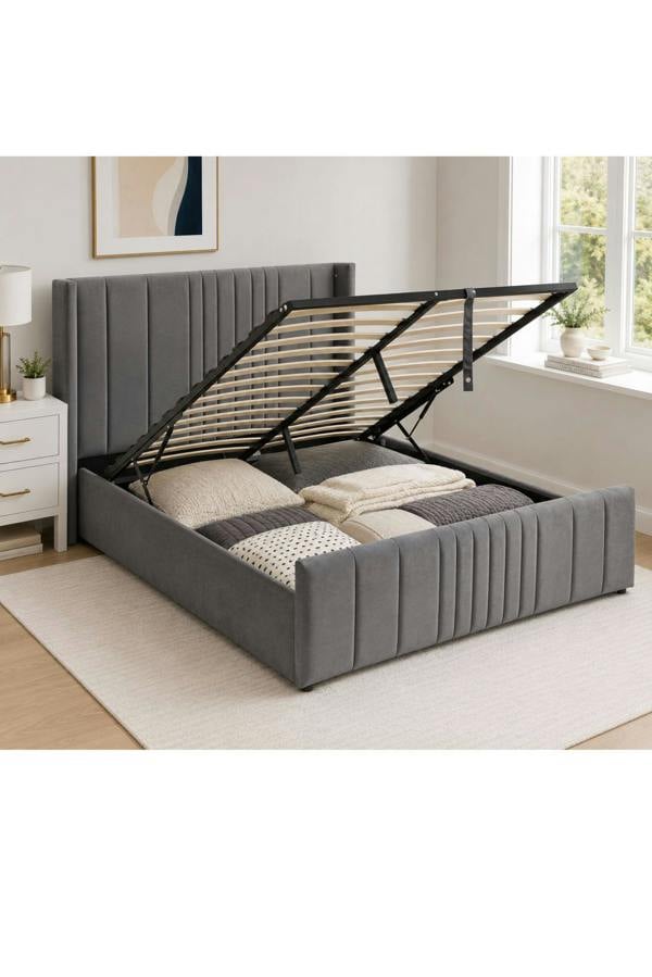 Groundlevel Langford Velvet Upholstered Ottoman Storage Bed - Grey