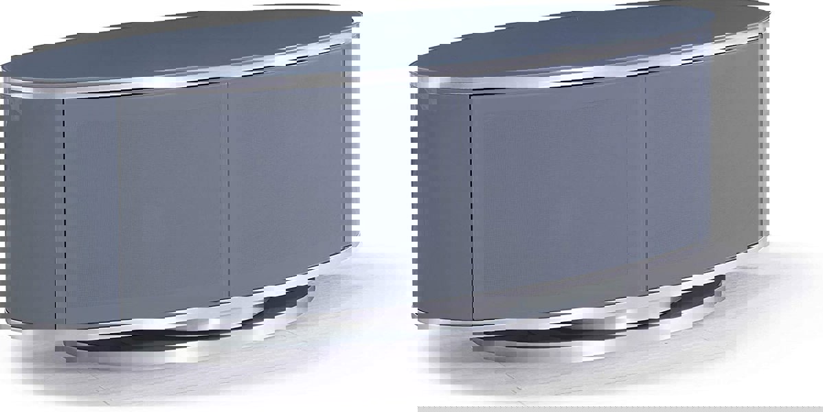 MDA Designs LUNA Grey Oval Cabinet with Grey Profiles & Grey BeamThru Glass Doors Suitable for Flat Screen TVs up to 50"