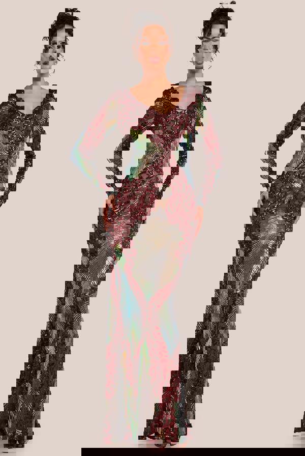 Contrast Sequin Long Sleeve Maxi Dress - Wine DR3475