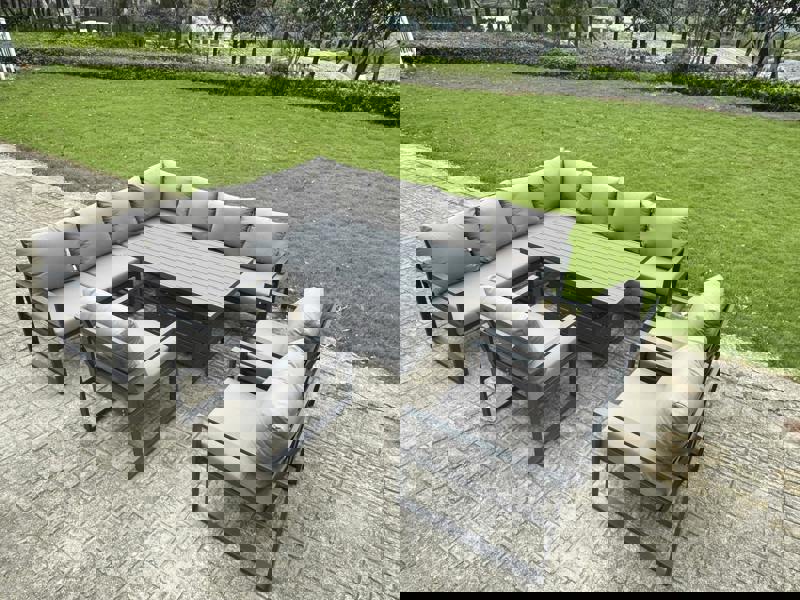 Fimous 10 Seater Aluminium Garden Furniture Set with Adjustable Rising Dining Table, Corner Sofa, 3 Chairs - Grey