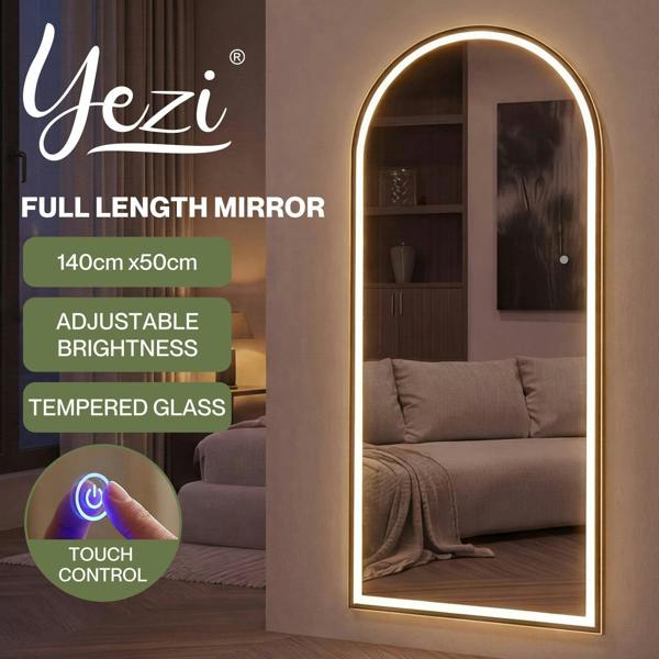 Yezi Full Length Mirror Arched LED Touch Buttons Light-Adjustable 140x50cm White