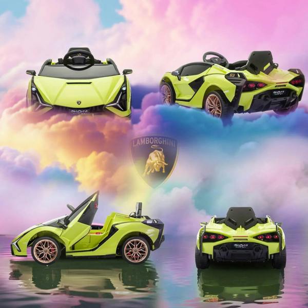 Green Lamborghini Sian style ride-on toy car showing front, rear, and side views