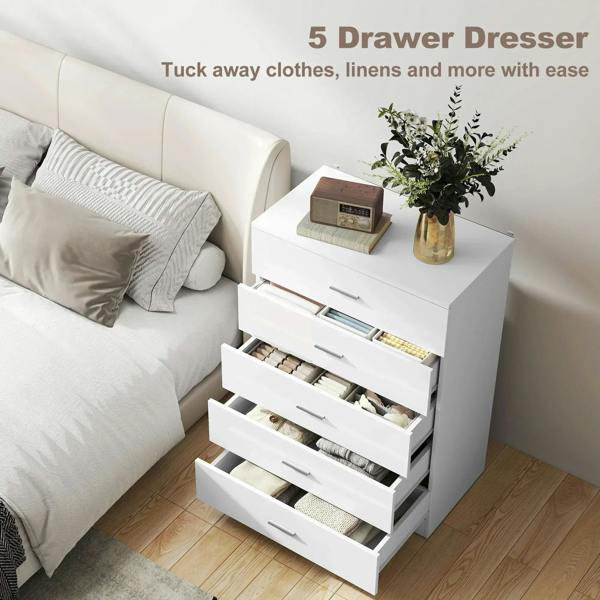White high-gloss 5-drawer dresser with deep drawers and silver bar handles