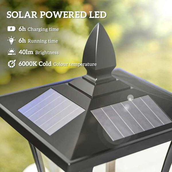 Black solar post lantern with two-fold solar panel on lantern top, close-up
