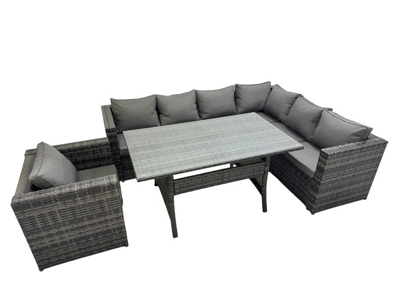 Fimous Rattan Garden Furniture Set Outdoor 7 Seater Patio Dining Corner Sofa Sets with Dining Table Chair Dark Grey Mixed