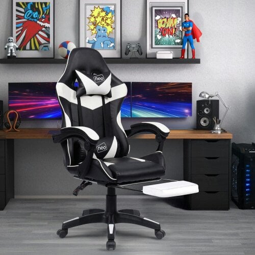 Neo White & Black PU Leather Gaming Chair with Footrest