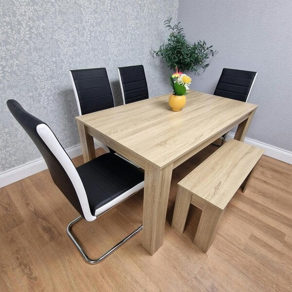 Kosy Koala Oak Effect table and Bench with 4 Black White Stripped Faux Leather Chairs
