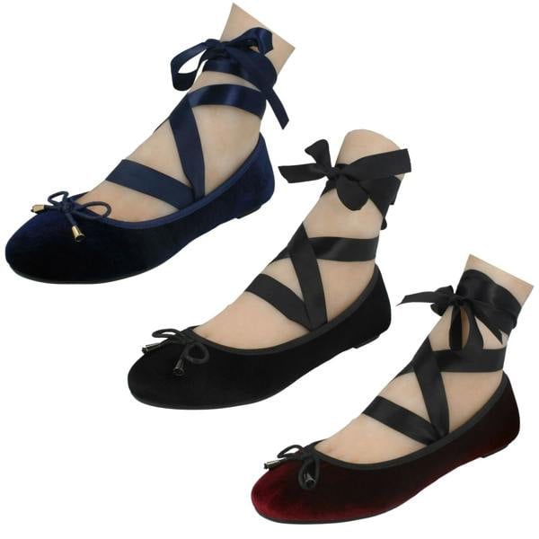 Spot On Ladies Spot On Tie Up Leg Ribbon Flat Ballerina Shoe F80273