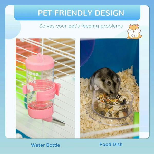 Blue hamster cage with hanging water bottle and food dish on wire shelves