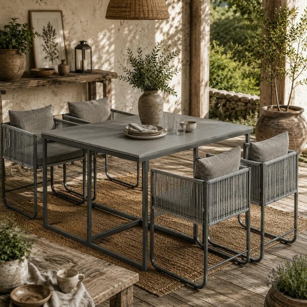 Wyld Haus Donino Rattan Grey 4 Seater Cube Garden Dining Set With Cushions And Rectangular Wood Effect Table