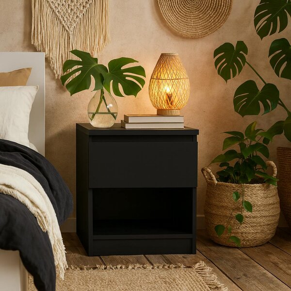 Wyld Haus Budapest Matt Black Wood Bedside Table 1 Drawer 1 Shelf
