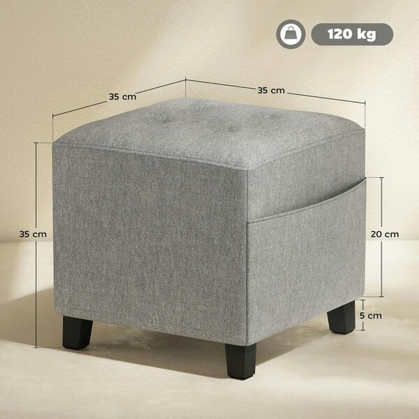 Bobobiy Square Footstool, Linen Fabric Footrest Foot Stool with Rubber Wood Legs and Padded Seat, 35 x 35cm, Light Grey, 35 x 35 x 35cm