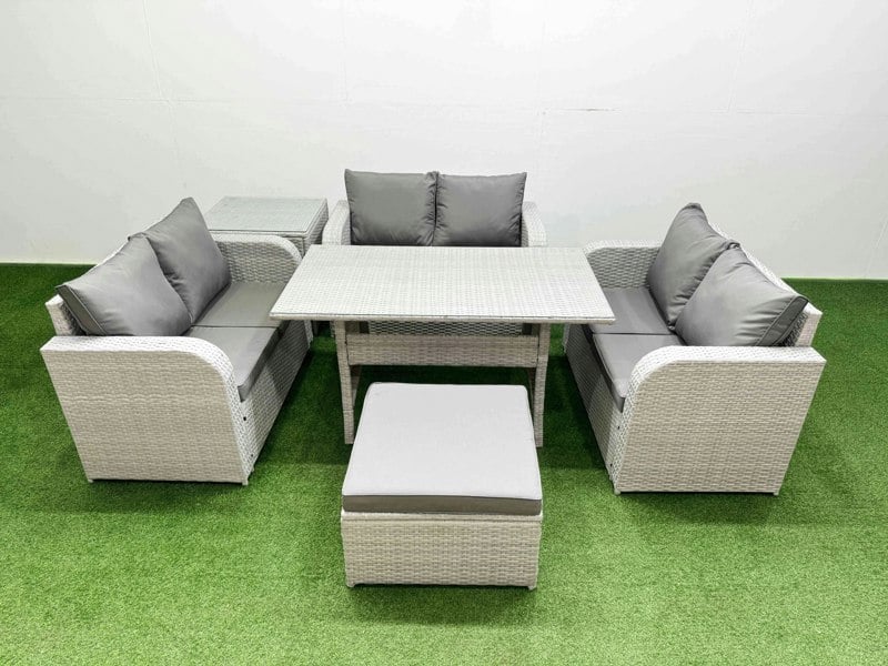 Fimous  7 Seater PE Wicker Rattan Furniture Sofa Sets with Rectangular Dining Table 2 Seater Love Sofa Big Footstool Side Table Light Grey