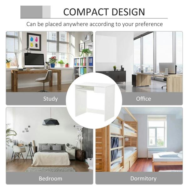 White compact desk with open front panel, keyboard tray, and compact footprint