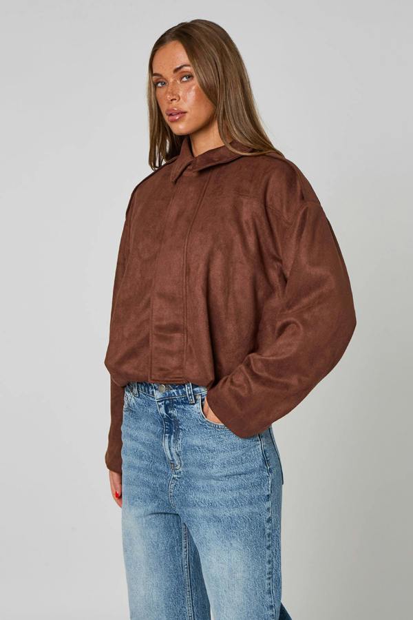 Urban Bliss Chocolate Collared Bubble Hem Jacket
