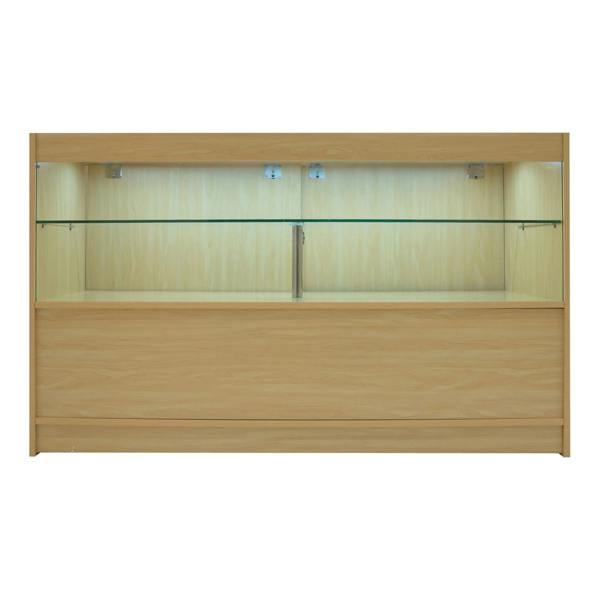 Maple LED shop counter set featuring a sleek design, glass shelves, and integrated lighting for enhanced product display
