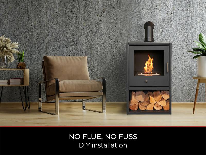 OKO S3 Bio Ethanol Stove with Log Storage in Charcoal Grey & Angled Stove Pipe