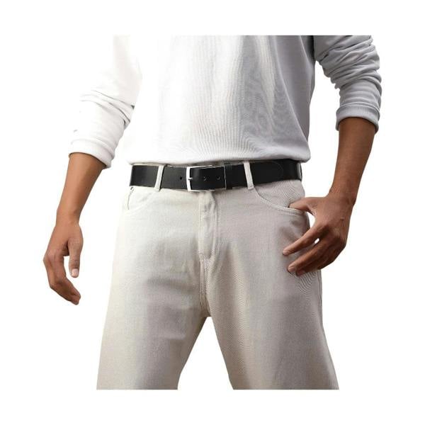 Person wearing a white shirt, light-colored pants, and a black belt on a white background