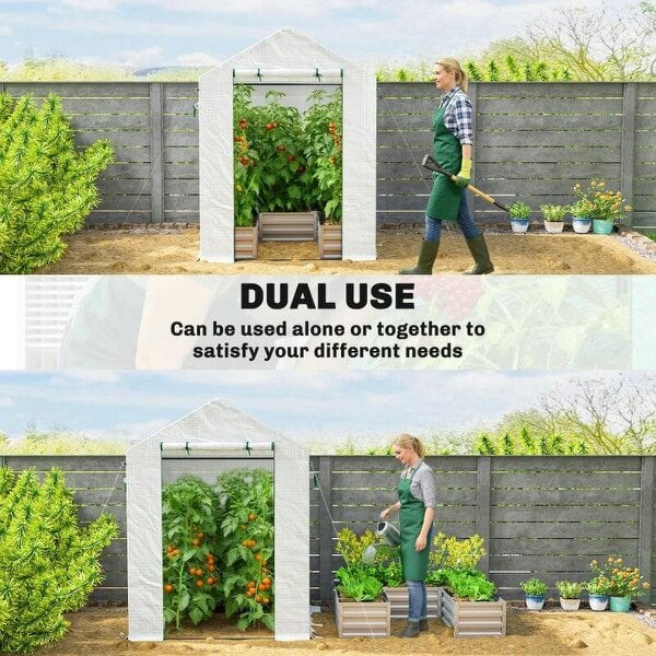 Bobobiy Small Greenhouse with Raised Garden Bed, Galvanised Walk-in Greenhouse with Roll Up Windows, 141 x 141 x 190 cm, White