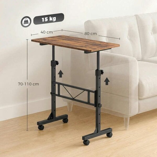 Overbed Table Adjustable Height Sofa Side Table with Wheels 80 x 40 cm Rustic Brown Black