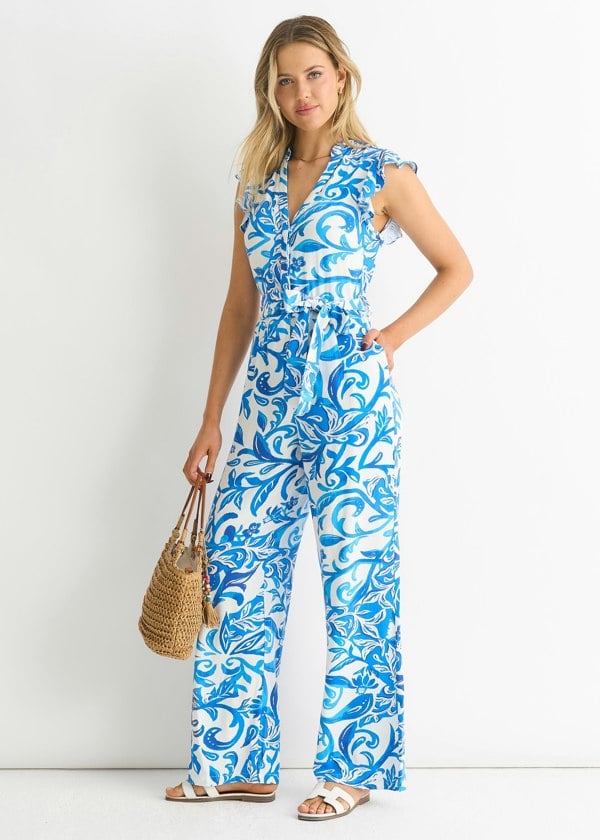 Gini London Blue Floral Ruffle Sleeeves Jumpsuit