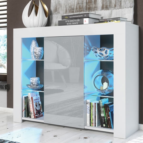 Mex Furniture 97.5cm TV Stand Sideboard – Grey Gloss Doors with Free LED