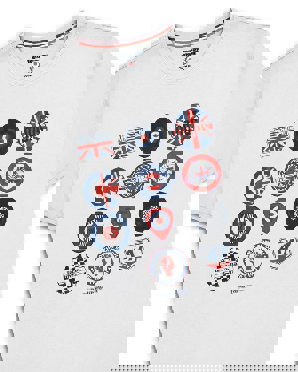 Lambretta Mens Multi Badges Mod Ska Casual T-Shirts, white T-shirt with colorful badge graphics and Union Jack designs.