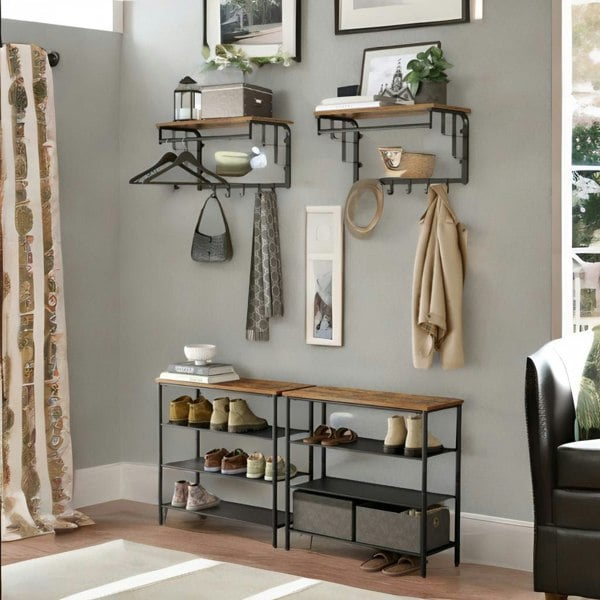 Rafaelo Mobilia Wall Mounted Floating Shelf With Hanging Rail and Hooks Brown