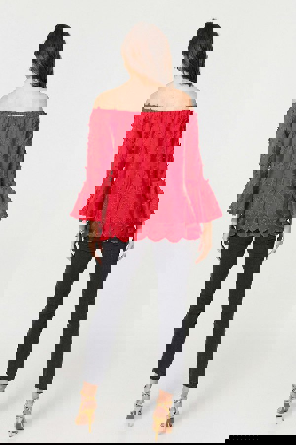 Red | Textured Semi Sheer Bardot Blouse
