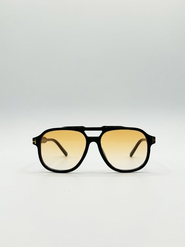 SVNX Oversized Navigator Sunglasses in Black with Orange Lenses