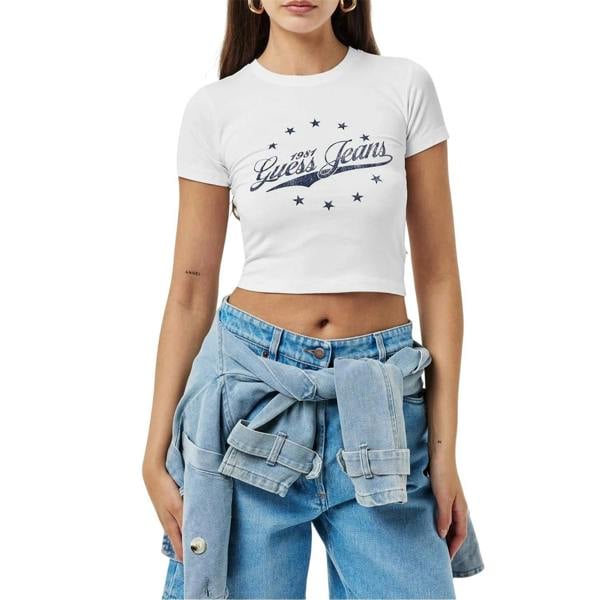 Guess Womens/Ladies Logo Cropped Slim T-Shirt - Pure White - 