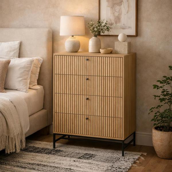Wyld Haus Bjork Natural Oak Wood and Black Panelled Chest of 4 Drawers
