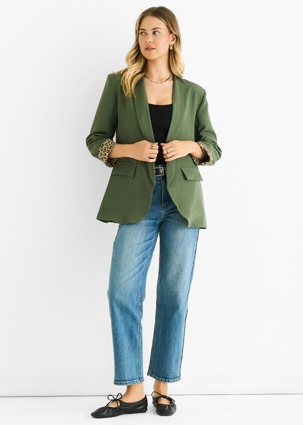 Gini London Khaki Contrast Animal Edge to Edge Blazer