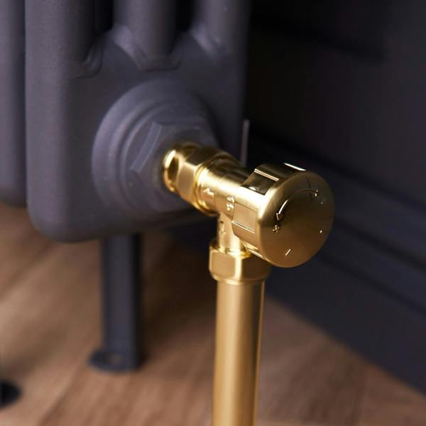 Flode Angled Thermostatic Radiator Valve Pack | 15mm x 1/2" | Brushed Brass