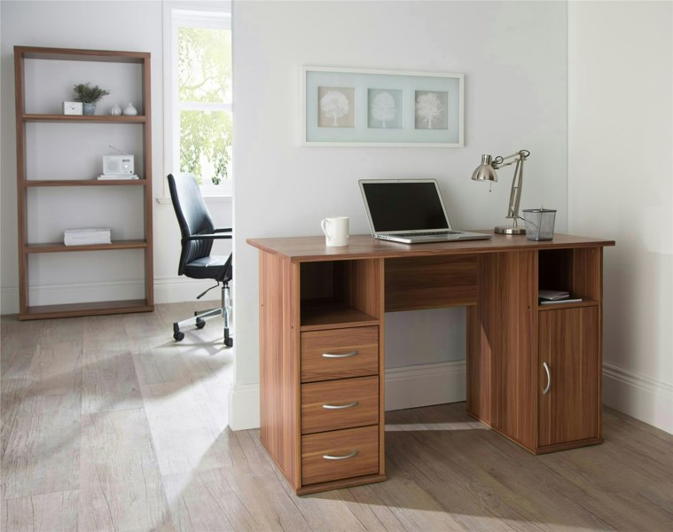 Dorel Home Maryland Desk with 3 Drawers and 1 Door Walnut