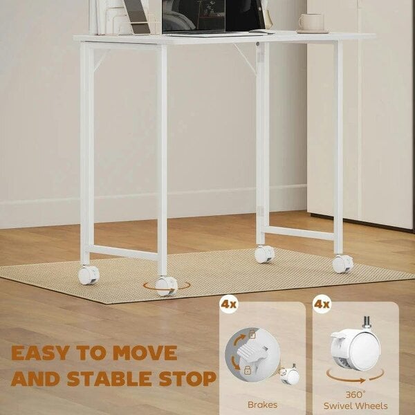 Small Folding Desk, with Wheels - White Wood-Effect