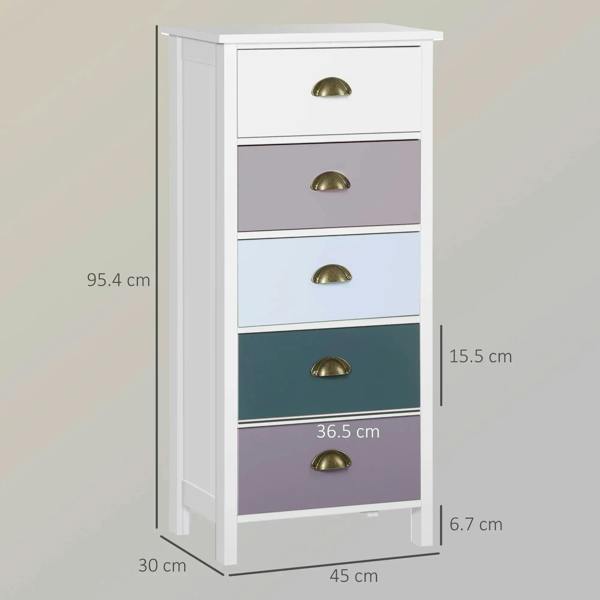 Slim 5-drawer cabinet with stacked pastel drawers and gold metal handles