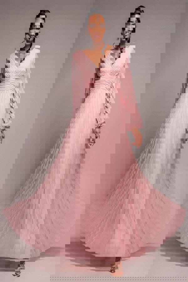 Balloon Sleeve Chiffon Maxi Dress - Blush Pink DR3041QZ