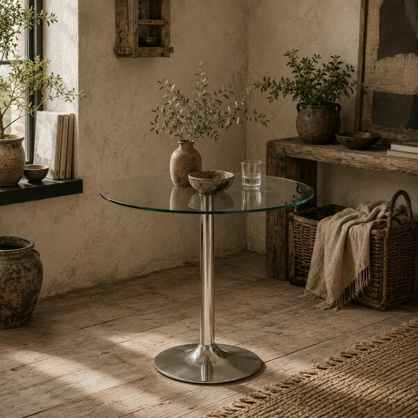 Wyld Haus Diliha Metal And Glass Clear Round Dining Table With Steel Base For Compact Spaces