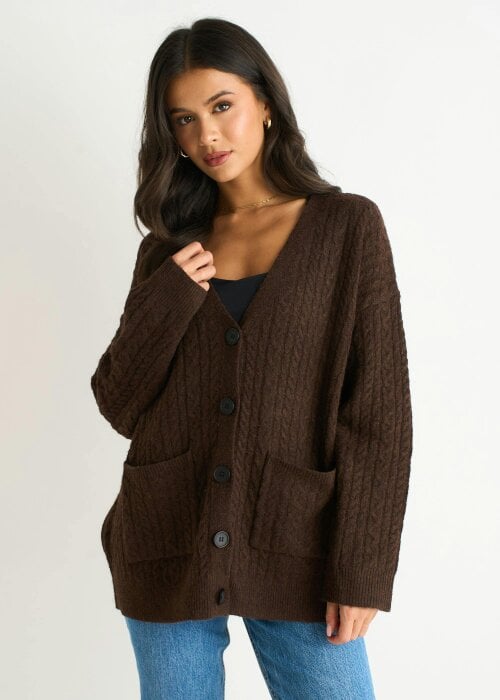 Gini London Brown Cable Patch Pocket Knitted Cardigan