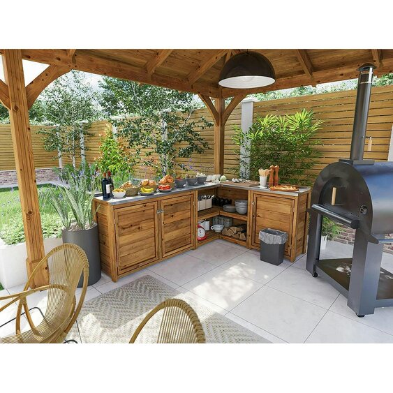 Dunster House Wooden Garden Kitchen Unit L-Configuration With Stainless Steel Countertop, W2m x D1.5m / W7' x D5