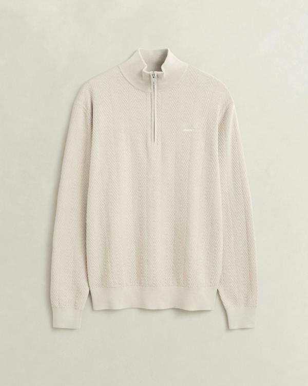 GANT Mens Herringbone Texture Half Zip Sweater - 215 Clay Beige | CHO | Designer Mens Half Zip Jumpers