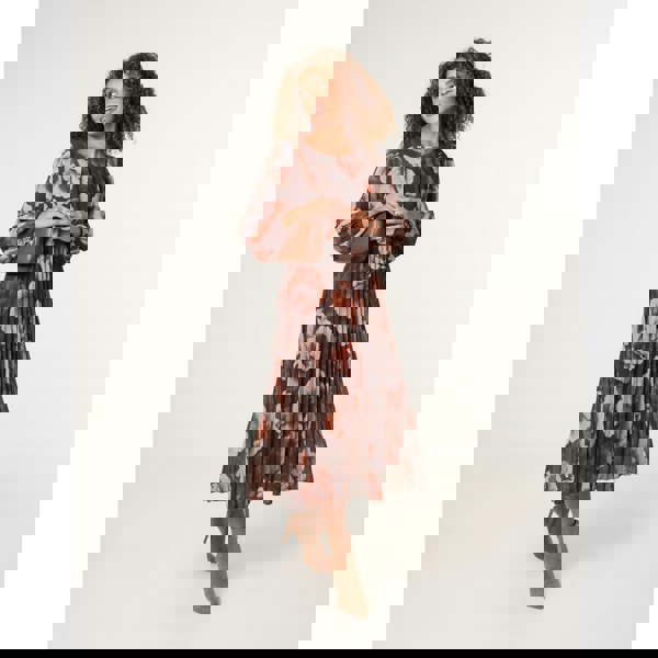 Blue Vanilla Large Watercolour Floral Scoop Neck Puffball Pleated Dress