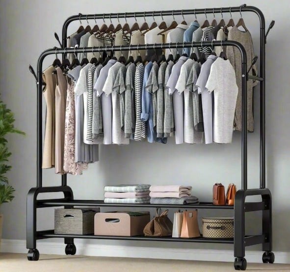 Black metal double clothes rack with wheels, heavy duty garment hanging stand for home or shop use

