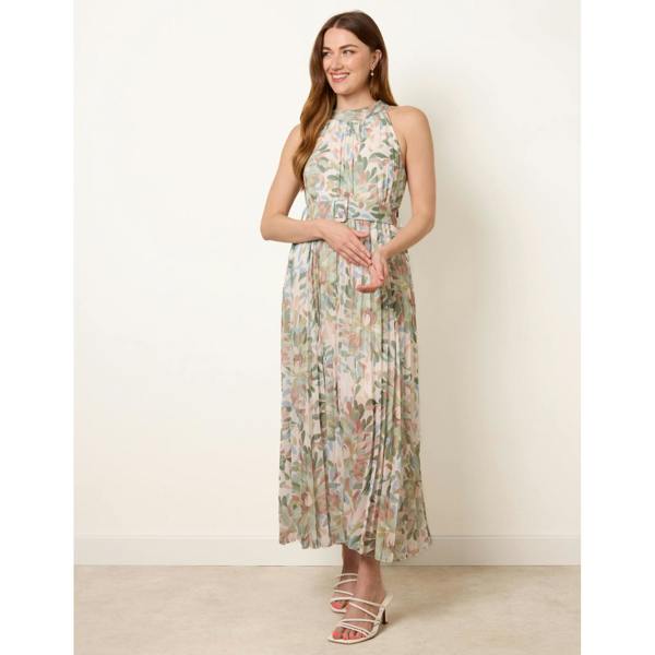 Blue Vanilla Printed Pleated Dress With Belt
